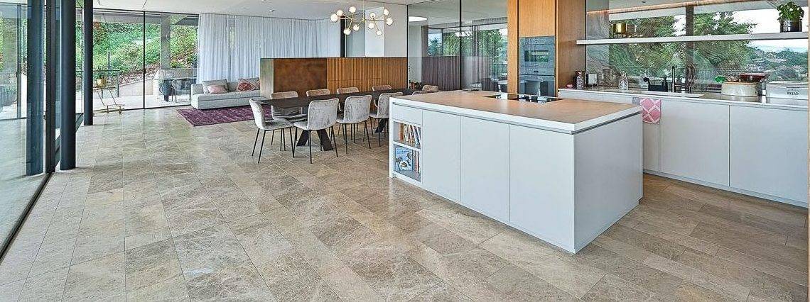 Dining room with natural stone floor
